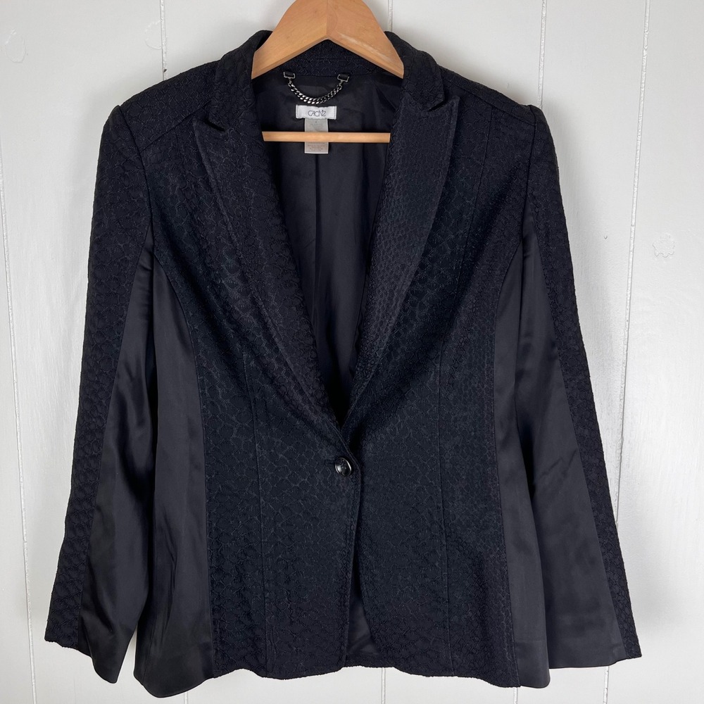 Cache Black Textured‎ Jacquard One Button Blazer Size 4 Y2K Tailored Career
